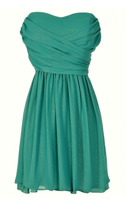 Dress To Impress Strapless Chiffon Dress in Teal Shimmer